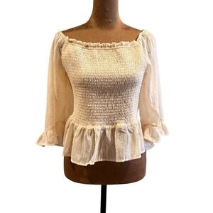Sadie & Sage Smocked Peplum L Cream Peasant Cottagecore Coquette Soft Girl Boho